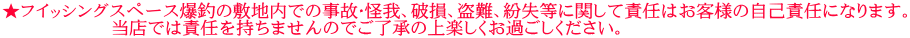 ★フイッシングスペース爆釣の敷地内での事故・怪我、破損、盗難、紛失等に関して責任はお客様の自己責任になります。 　　　　　　当店では責任を持ちませんのでご了承の上楽しくお過ごしください。