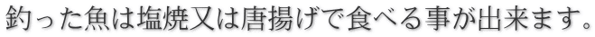 釣った魚は塩焼又は唐揚げで食べる事が出来ます。