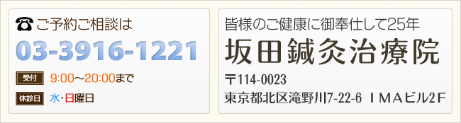 東京都北区滝野川7-22-6 診療時間 9:00〜20:00 休診日 水・日曜日 TEL 03-3916-1221 皆様のご健康にご奉仕して25年 坂田鍼灸治療院