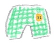 21と書いたワッペンがのついた緑のチェックのパンツ