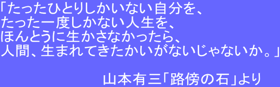 「たったひとりしかいない自分を、 たった一度しかない人生を、 ほんとうに生かさなかったら、 人間、生まれてきたかいがないじゃないか。」 山本有三「路傍の石」より